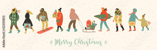 Christmas and Happy New Year illustration whit people. Trendy retro style.