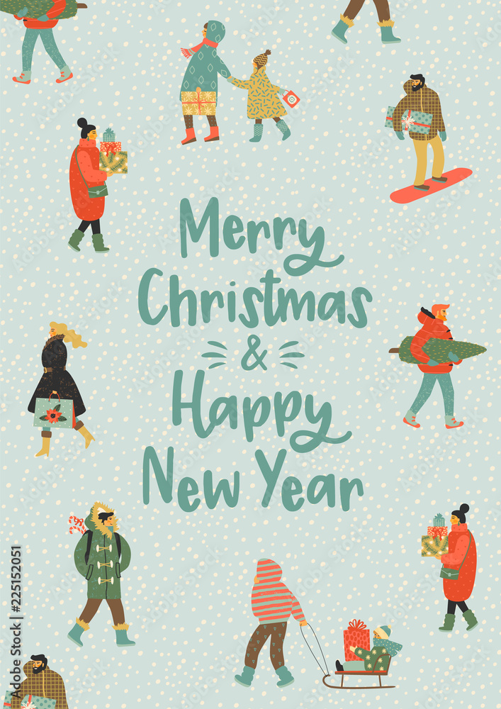 Christmas and Happy New Year illustration whit people. Trendy retro style. Christmas and Happy New Year illustration whit people. Trendy retro style.