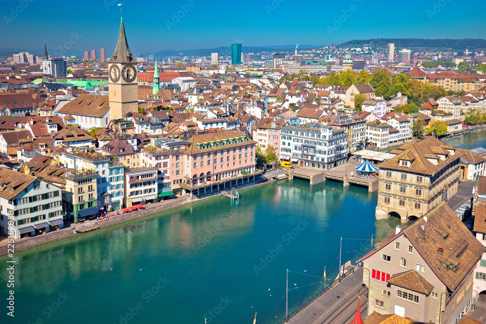 Zurich and Limmat river waterfront aerial view