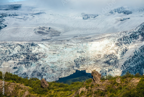 View of the Myrdalsjokull glacier   covering the active volcano Katla  Thorsmork  Highlands at the southern end of the famous Laugavegur hiking trail.