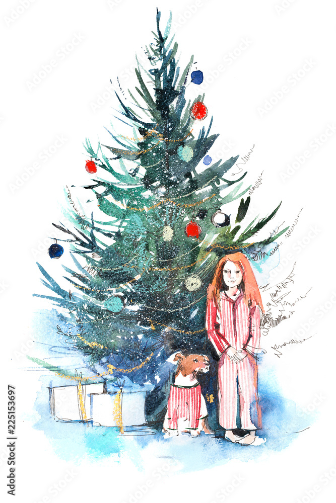 Little girl near christmas tree. New year, xmas celebration. Watercolor. Little girl near christmas tree. New year, xmas celebration. Watercolor.