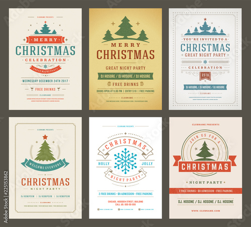 Christmas party posters design set retro typography and decoration elements.