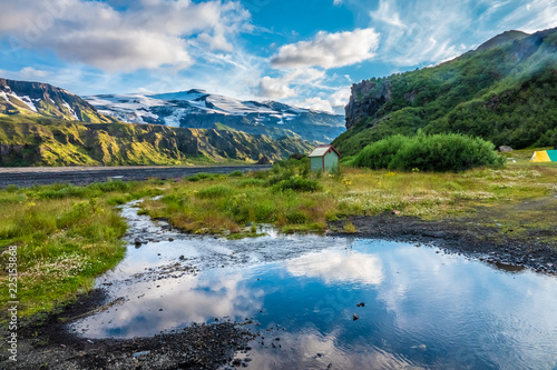 The top of the Eyjafjallajokull glacier and volcano  from Thorsmork in the Highlands of Iceland at southern end of the famous Laugavegur hiking trail. photo