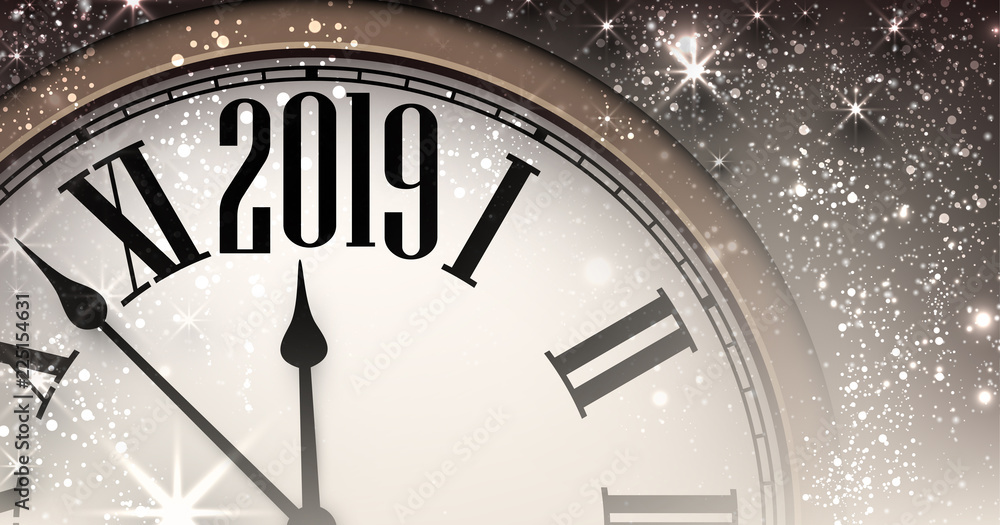 Fototapeta Shiny 2019 New Year background with clock.