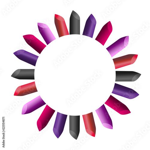 Vector illustration template with frame from pink, red, violet, black lipstick. White background. Circle arrangement from the centre to the corners