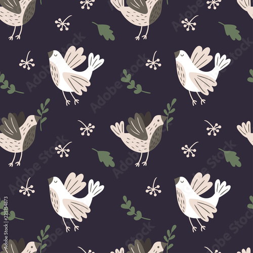 Seamless pattern with birds, branches and leaves. Vector template suitable for wrapping paper, bedding or print on clothes. © pravdinal