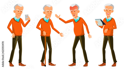 Old Man Poses Set Vector. Asian, Korean, Chinese. Elderly People. Senior Person. Aged. Funny Pensioner. Leisure. Postcard, Announcement, Cover Design. Isolated Cartoon Illustration