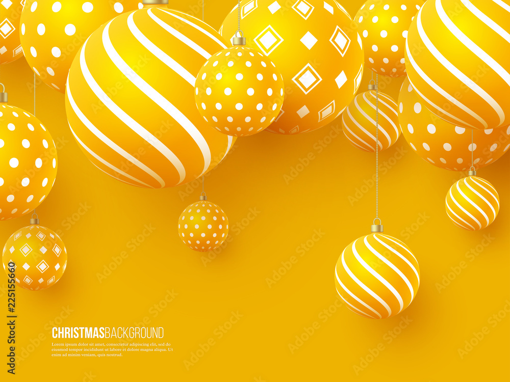 Christmas yellow balls with geometric pattern. 3d realistic style, abstract holiday background. Vector illustration. - obrazy, fototapety, plakaty 