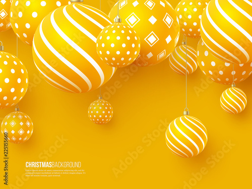 Christmas yellow balls with geometric pattern. 3d realistic style, abstract holiday background. Vector illustration.