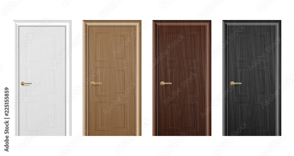 Fototapeta premium Vector realistic different closed brown wooden door icon set closeup isolated on white background. Elements of architecture. Design template for graphics, Front view
