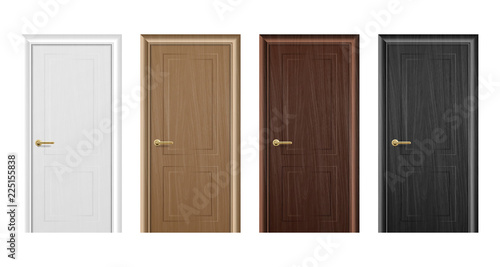 Vector realistic different closed brown wooden door icon set closeup isolated on white background. Elements of architecture. Design template for graphics, Front view