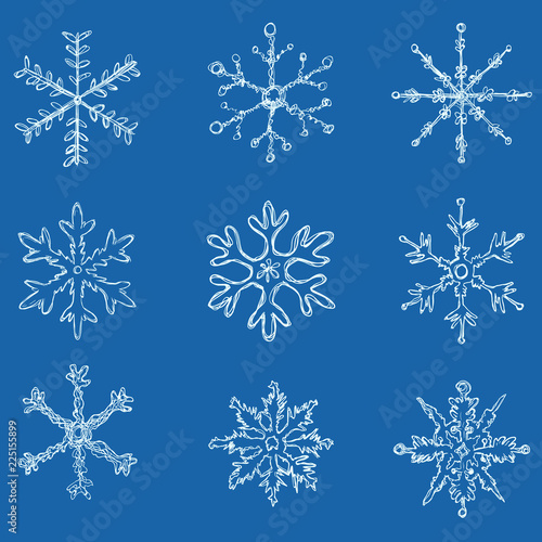 Vector Set of White Doodle Sketch Snowflakes