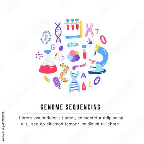 Hand drawn genome sequencing concept. Human dna research technology symbols.