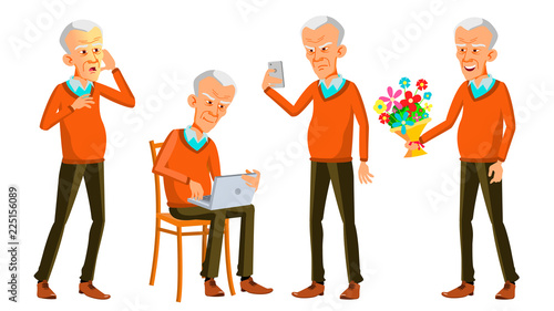 Old Man Poses Set Vector. Asian, Japanese, Vietnamese. Elderly People. Senior Person. Aged. Caucasian Retiree. Smile. Web, Poster, Booklet Design. Isolated Cartoon Illustration