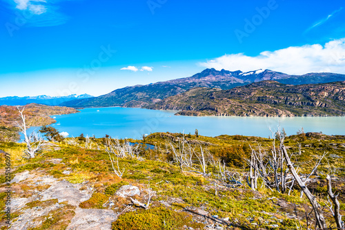 Panoramic view of Torres del Paine National Park, its lagoons and glaciers, Patagonia, Chile