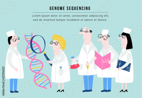 Scientist exploring DNA structure. Hand drawn genome sequencing concept made in vector. Human genome project