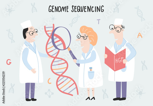 Scientist exploring DNA structure. Hand drawn genome sequencing concept made in vector. Human genome project