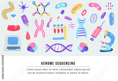 Hand drawn genome sequencing illustration. Human dna research technology symbols. Human genome project.