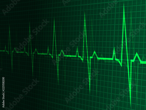 heart rate, heartbeat, neon line, green graphic background. In perspective. Realistic style. Vector illustration.