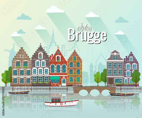 Vector illustration of Bruges. Old european city.