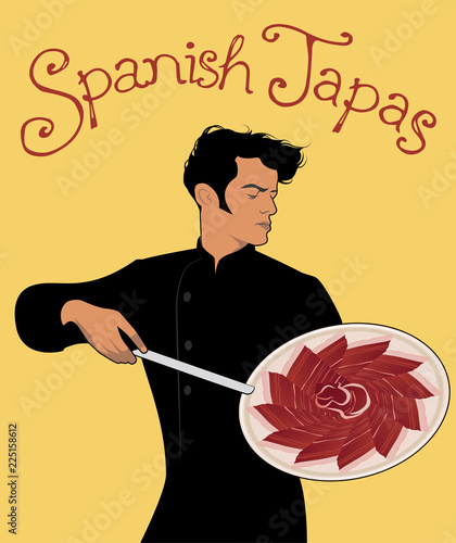 Spanish Tapas. Handsome Spanish chef holding a knife and showing a delicious dish of Iberian Ham.