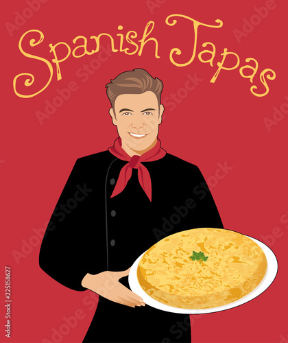 Spanish Tapas. Handsome Spanish chef holding a plate of typical Spanish potato omelette.
