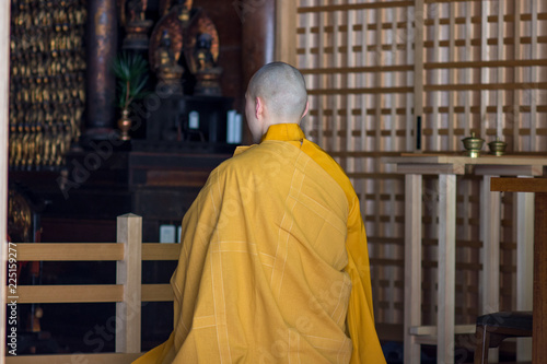 Shingon Buddhist monk praying in temple at Koyasan, Wakayama prefecture of Japan