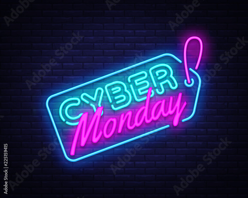 Cyber Monday Sale neon sign vector. Cyber Monday Bid discount Design template neon sign, light banner, neon signboard, nightly bright advertising, light inscription. Vector illustration