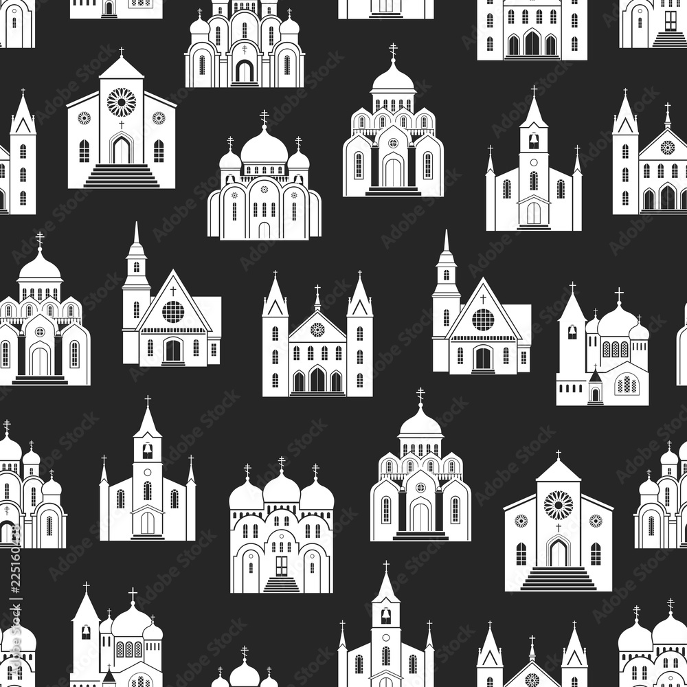 White christian church buildings silhouettes on black background. Religion buildings seamless pattern