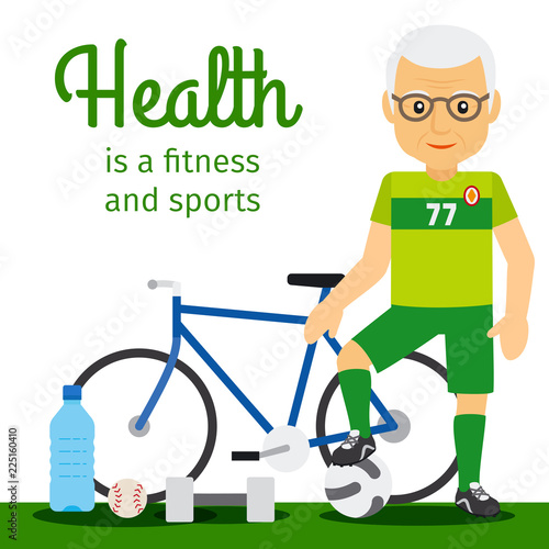 Healthy lifestyle for senior people vector concept. Old man and sport equipments