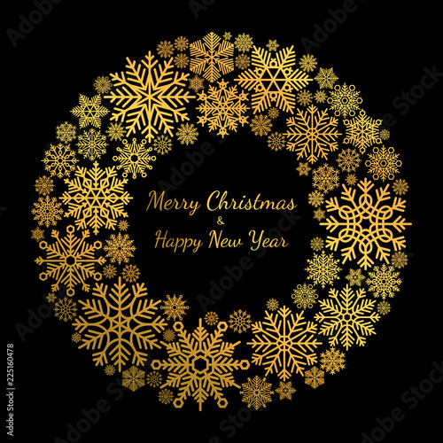 Gold snowflake wreath. Vector snowflakes frame isolated on black for xmas invitation
