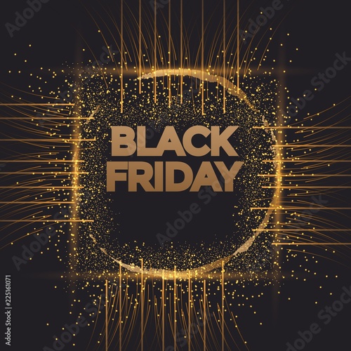 Black Friday sales banner. Gold sparkling circle frame with text. Vector poster illustration.