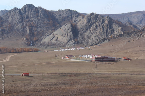 mongolia, terelji, national park, landscape, mountain, field, cottage photo