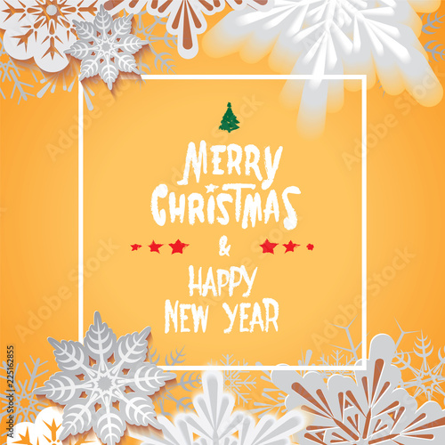 Merry Christmas retro postcard with defocused snowfall and textual signboard in the cover isolated on yellow background