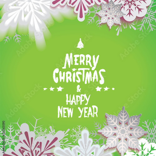 Merry Christmas retro postcard with defocused snowfall and textual signboard isolated on green background