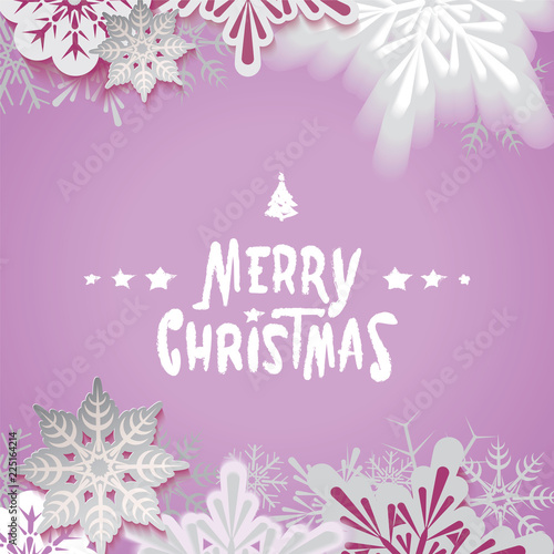Merry Christmas retro postcard with falling snowflakes and textual signboard isolated on purple background