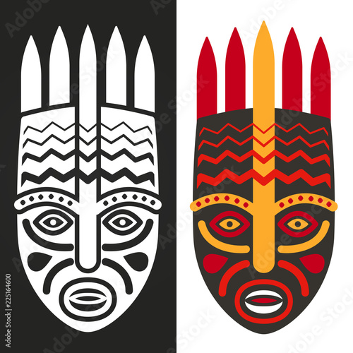 Tribal maya, african masks vector illustration, black and white and colorful