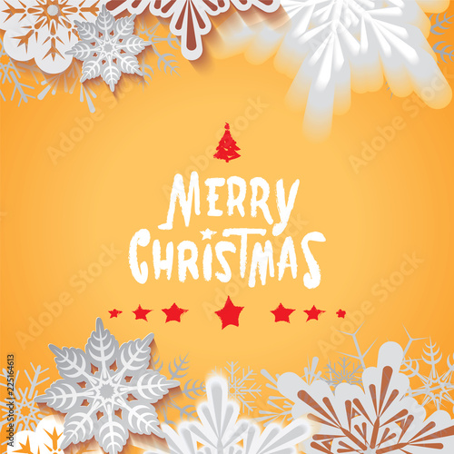 Merry Christmas retro postcard with falling snowflakes and textual signboard isolated on yellow background