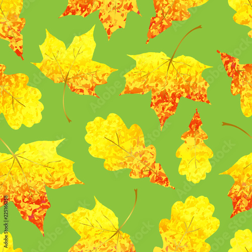 Seamless pattern with Golden sparkling red yellow maple and oak leaves