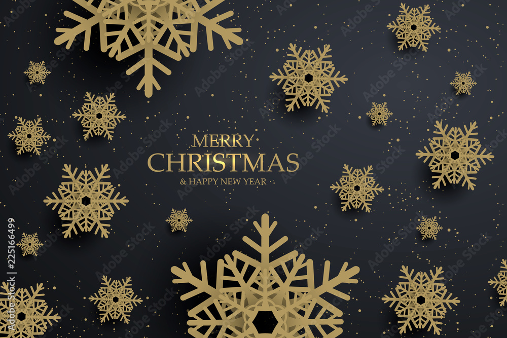 Black christmas background with golden snowflakes. Vector illustration ...