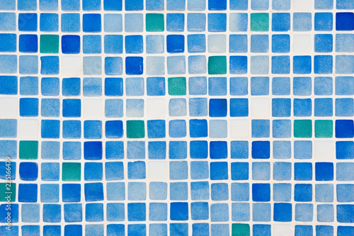 Blue and white squares mosaic ceramic tile texture (background).