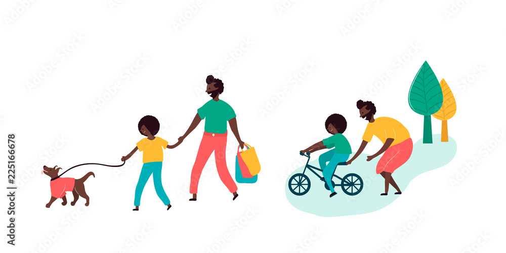 Single black father and son african americans spending time together walking outdoors Single black father and son african americans spending time together walking outdoors