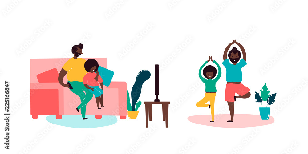Fototapeta premium Single black father and son african americans spending time together sitting on sofa watching TV