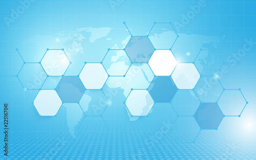 Abstract geometric hexagon pattern and wold map with technology digital hi tech hexagons concept background