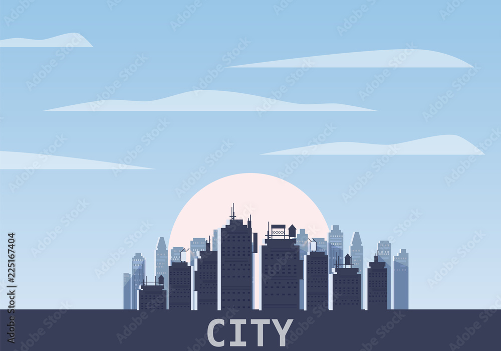 Cityscape day. Modern city skyline panoramic vector background. Urban city tower skyscrapers skyline illustration, isolated, illustration