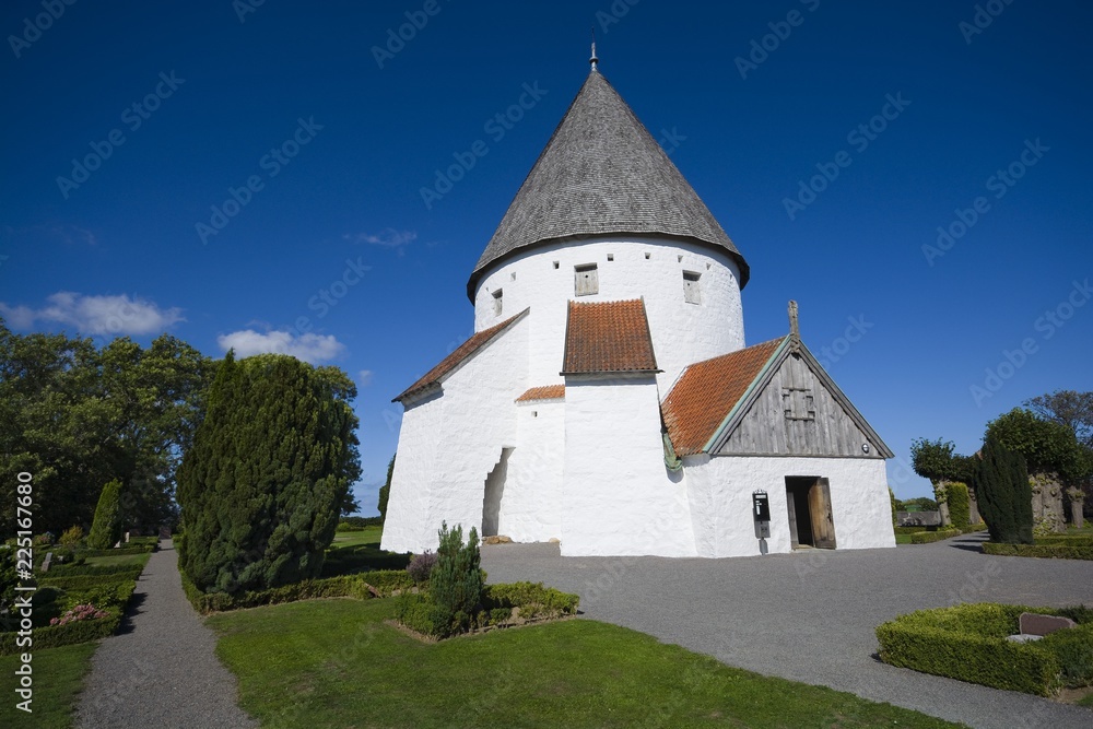 Defensive round church in Olsker, Bornholm, Denmark. It is one of four round churches on the Bornholm island. Built about 1150, 26 meter high, considered the most elegant round church