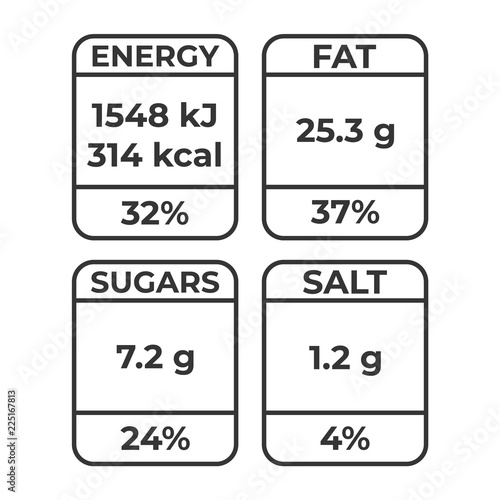 Nutrition facts vector package labels with calories. Healthy food packing nutrition labels