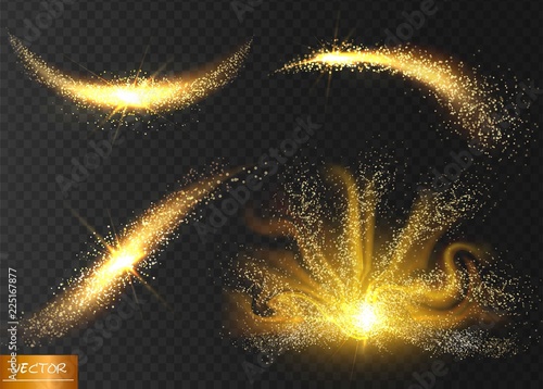 Sparkle stardust. Golden glittering magic vector waves with gold particles isolated on black background. Glitter bright trail, glowing wave shimmer, bright universe. Vector illustration.