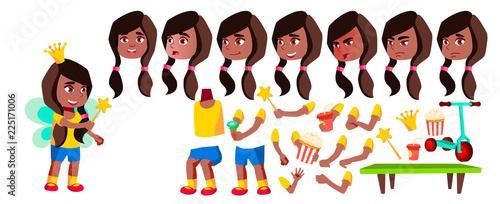 Girl Kindergarten Kid Vector. Black. Afro American. Animation Creation Set. Face Emotions, Gestures. Pretty Positive Baby. Leisure. For Web, Brochure, Poster Design. Animated. Isolated Illustration