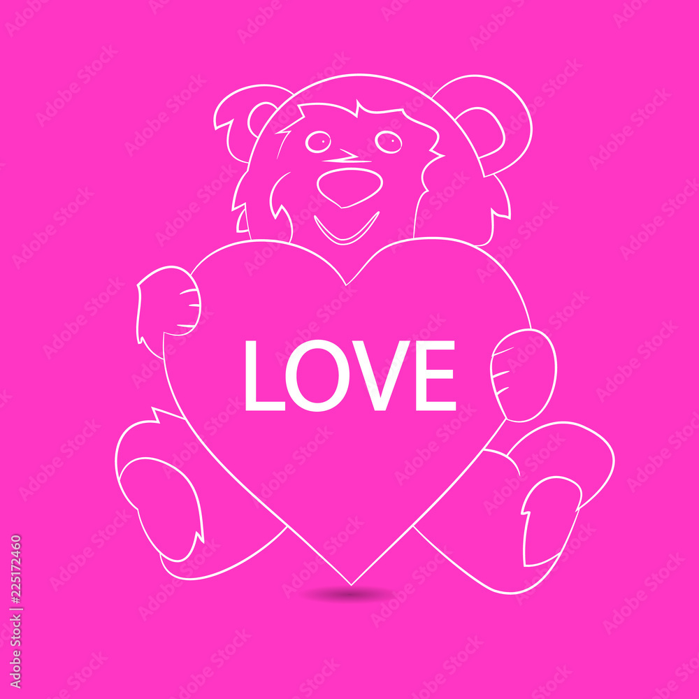 Gift teddy bear sitting and holding a heart, festive pattern on a pink background, Gift teddy bear sitting and holding a heart, festive pattern on a pink background,